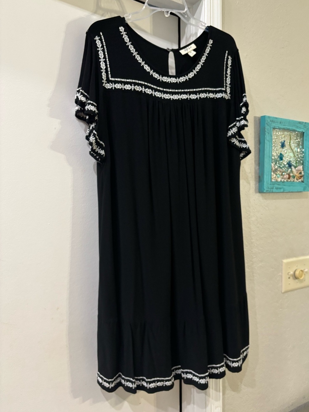 Style & Co. Cap Sleeve Black Fiesta Dress XXL - White Embroidered Trim